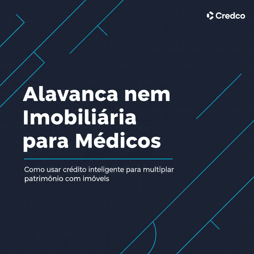 Ilustração editorial de alavancagem imobiliária com prédios e símbolos de crédito em azul-marinho escuro