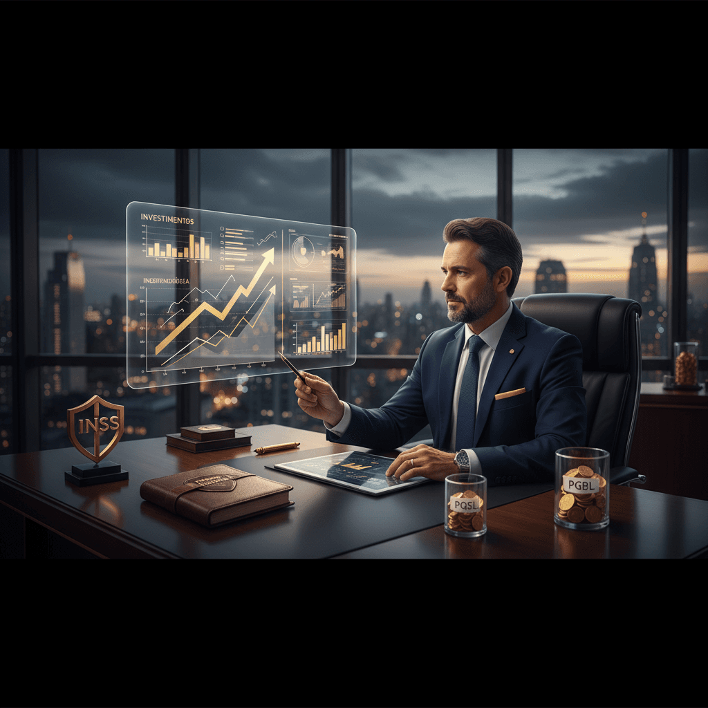 Médico planejando aposentadoria com gráficos de INSS PGBL e carteira de investimentos