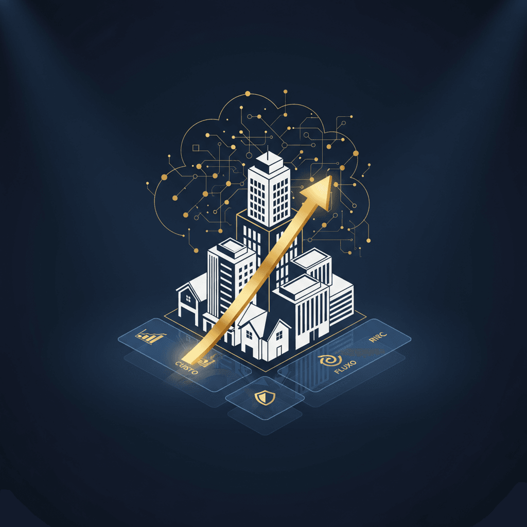 Conceito de alavancagem financeira com portfolio imobiliario e instrumentos de credito em cenario estrategico azul-marinho