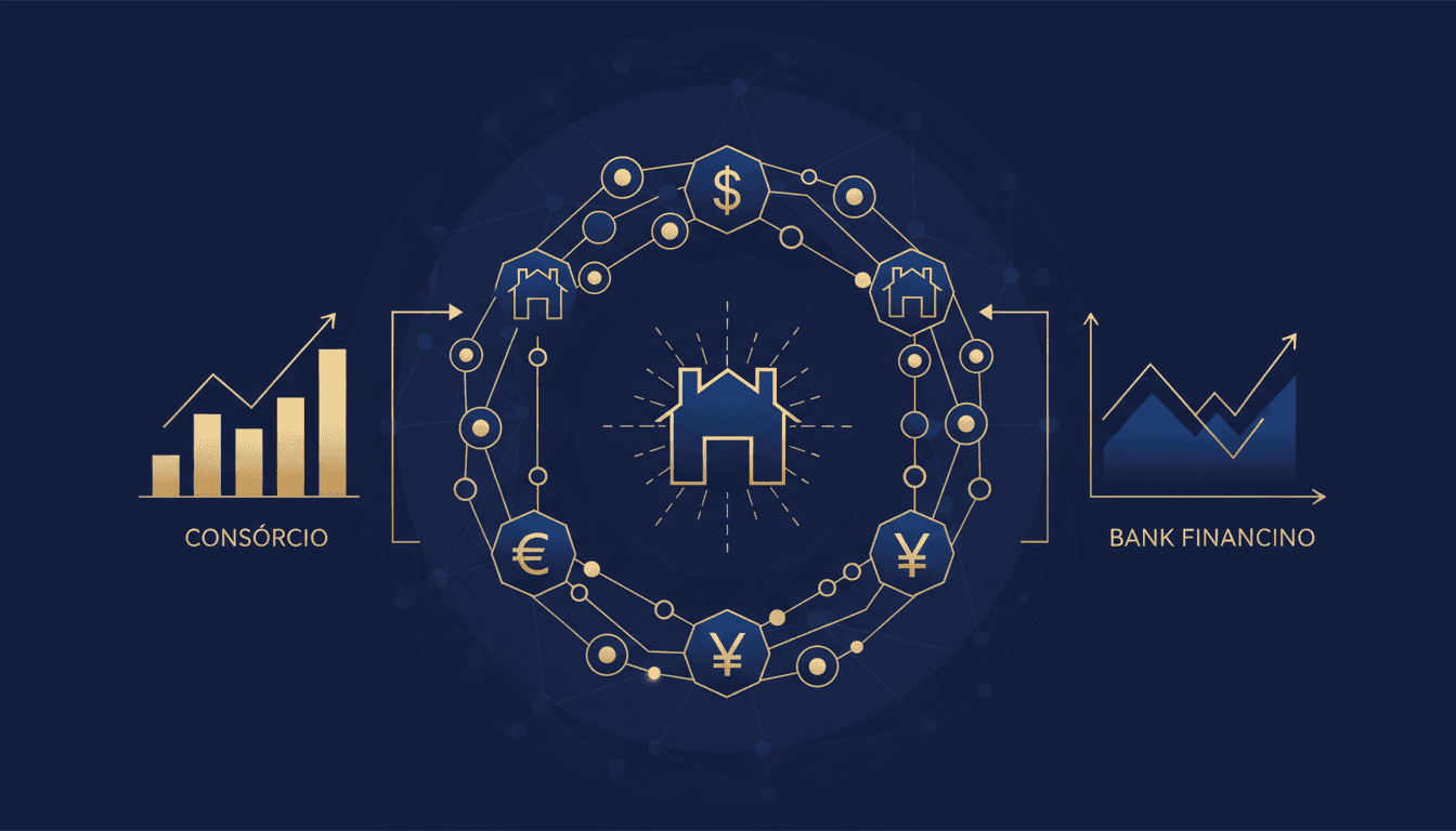 Comparativo visual de custo total entre consórcio imobiliário e financiamento bancário em 2026 com gráfico de barras