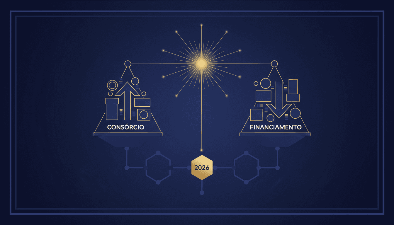 Balança comparando consórcio e financiamento imobiliário com gráficos de custo total
