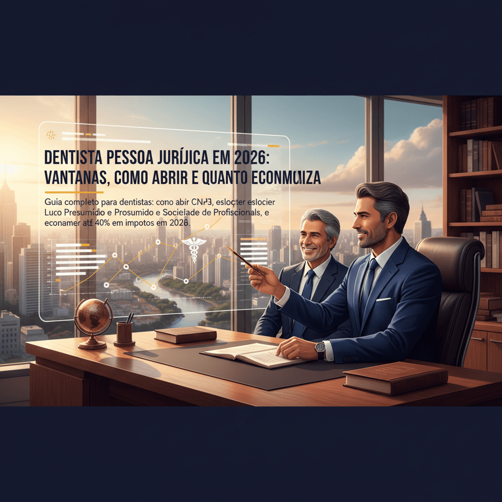 Consultório odontológico moderno com documentos financeiros e planejamento tributário em tons azul-marinho