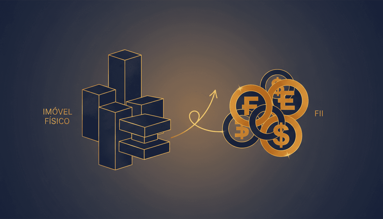 Ilustração editorial comparando FII e imóvel físico com formas arquitetônicas e símbolos de fundos em azul-marinho e âmbar