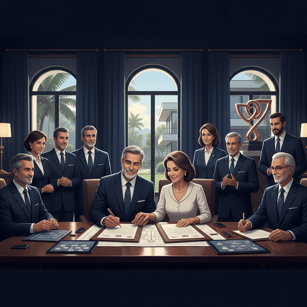 Documentos elegantes sobre mesa de escritório com caneta dourada, representando planejamento patrimonial e proteção de bens