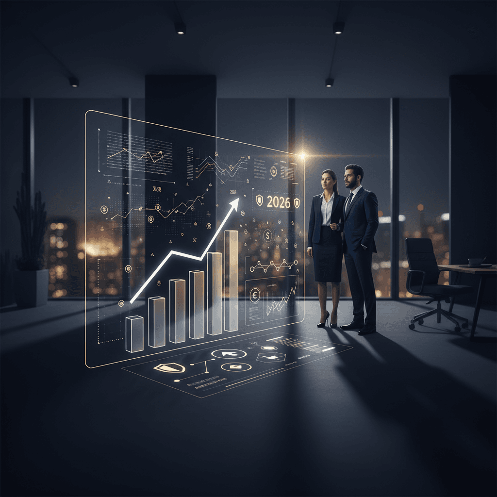 Gráficos de inflação e ativos reais com iluminação dramática em tons azul-marinho e dourado