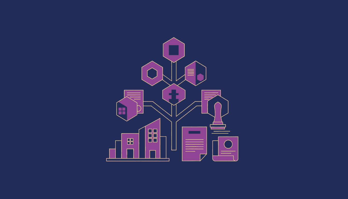 Ilustração editorial sobre ITBI na transferência de imóvel para holding familiar com formas geométricas em azul e roxo