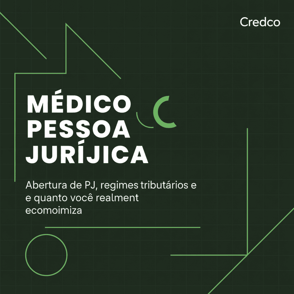 Ilustração editorial de médico pessoa jurídica com documentos e elementos tributários em verde-esmeralda