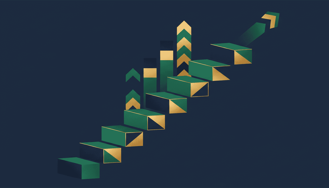 Ilustração editorial sobre médico recém-formado construindo patrimônio com escada geométrica ascendente em azul e verde