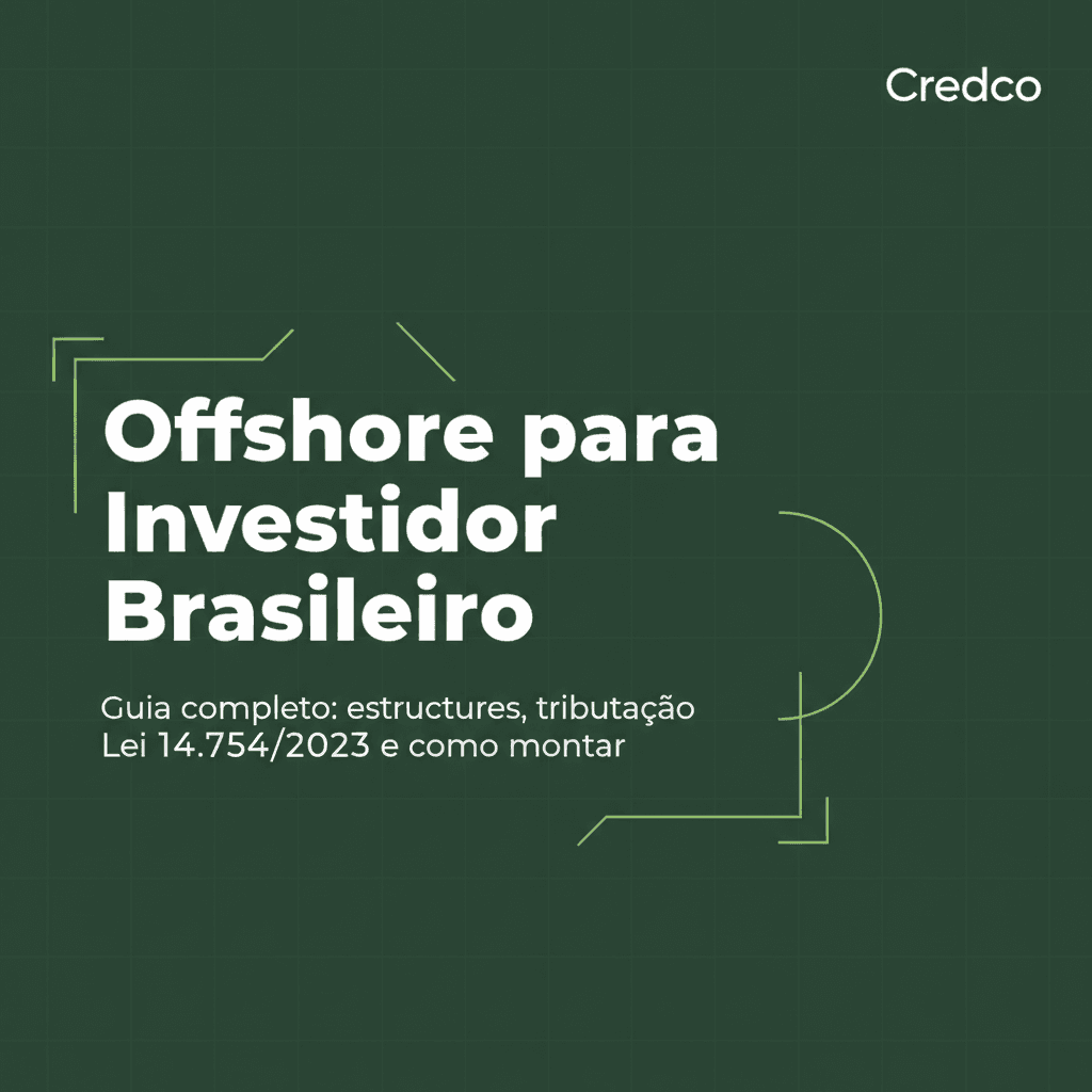 Ilustração editorial de investimento offshore com globo e elementos internacionais em verde-esmeralda escuro