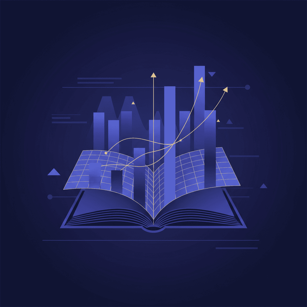 Ilustração editorial abstrata sobre planejamento financeiro pessoal com formas geométricas em azul marinho e índigo