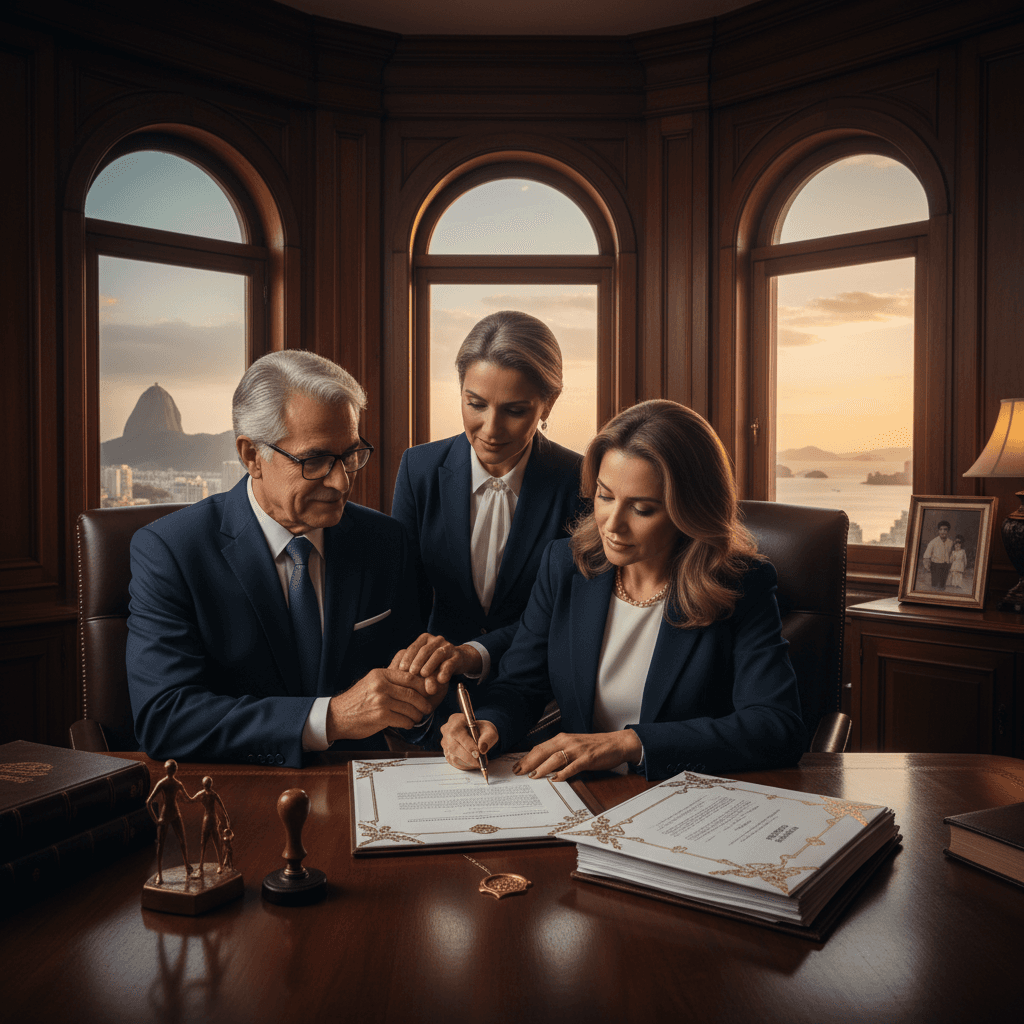Família revisando documentos de planejamento sucessório com advogado especializado