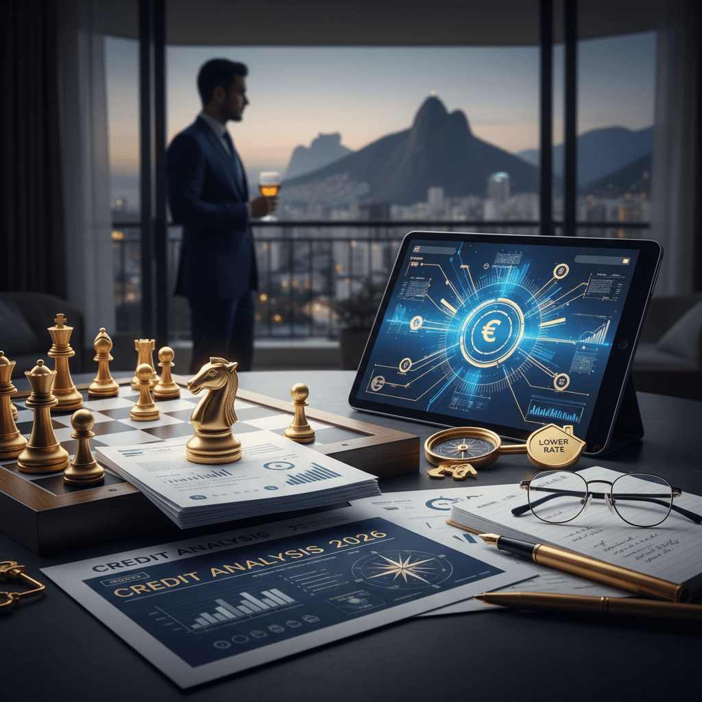 Documentos financeiros e chaves de imóvel sobre mesa azul-marinho, representando transferência de crédito imobiliário