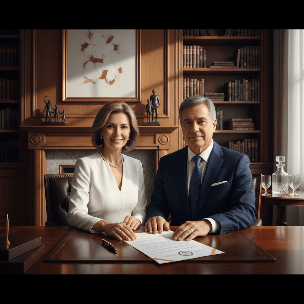 Cartório com documentos de testamento público e casal planejando sucessão patrimonial
